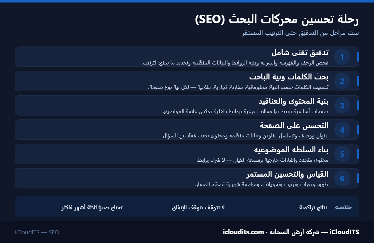 ست مراحل لمشروع تحسين محركات البحث من التدقيق التقني حتى القياس المستمر