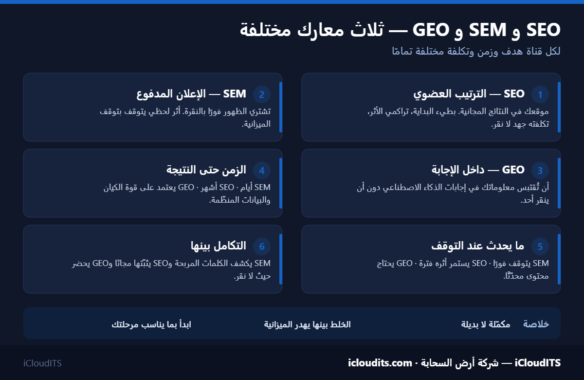 مقارنة بين GEO و SEO و SEM من حيث الهدف والزمن حتى النتيجة وما يحدث عند توقف الإنفاق